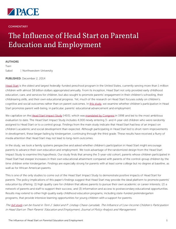 The Influence of Head Start on Parental Education and Employment PDF