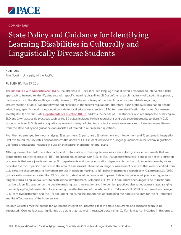 State Policy and Guidance for Identifying Learning Disabilities in Culturally and Linguistically Diverse Students PDF