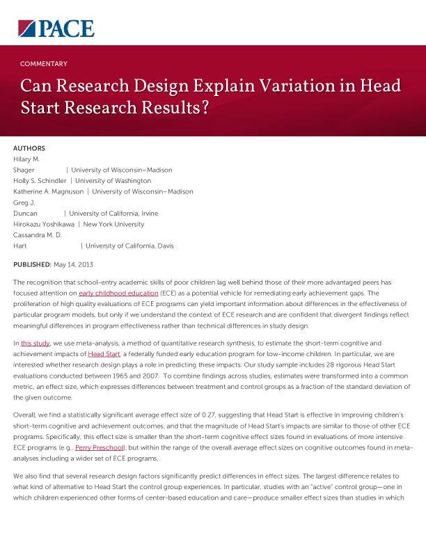 Can Research Design Explain Variation in Head Start Research Results? PDF