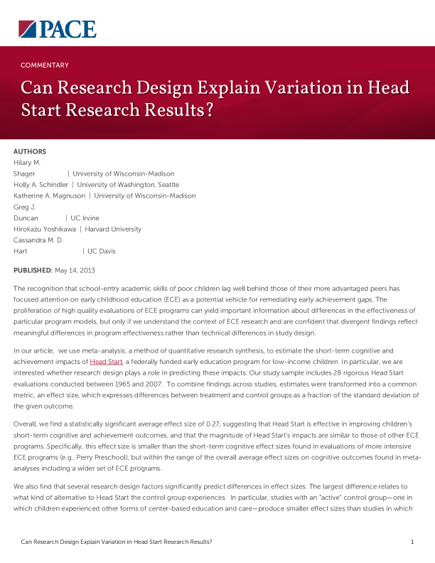 Can Research Design Explain Variation in Head Start Research Results? PDF