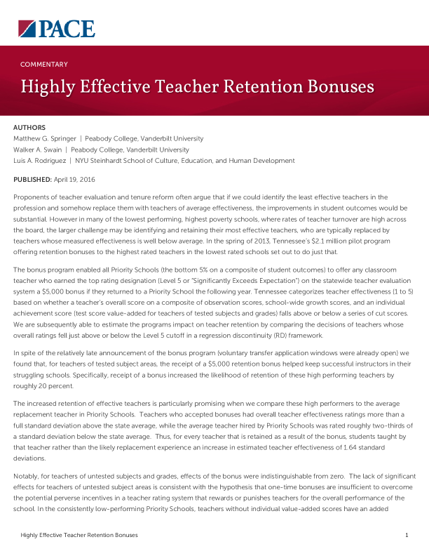 Highly Effective Teacher Retention Bonuses PDF