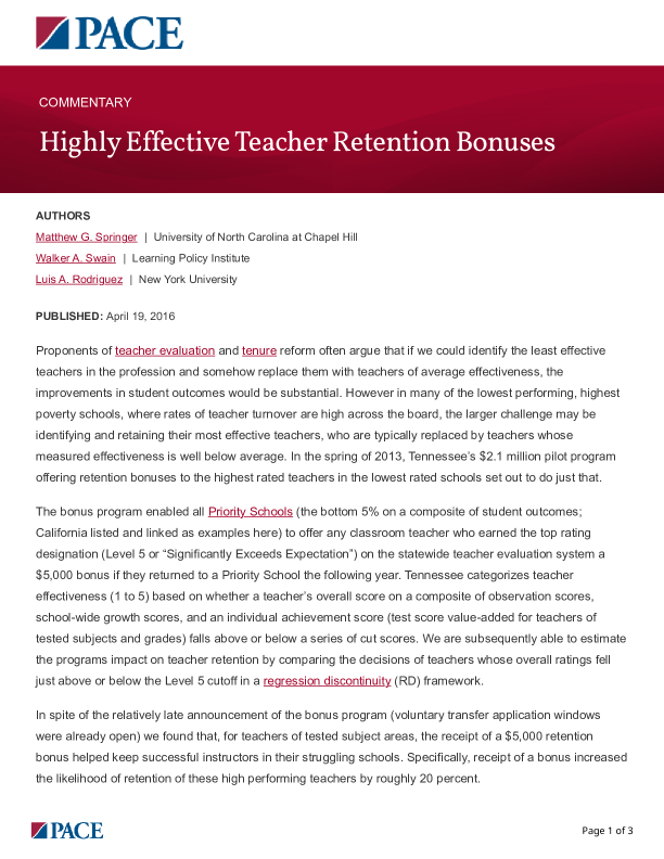 Highly Effective Teacher Retention Bonuses PDF