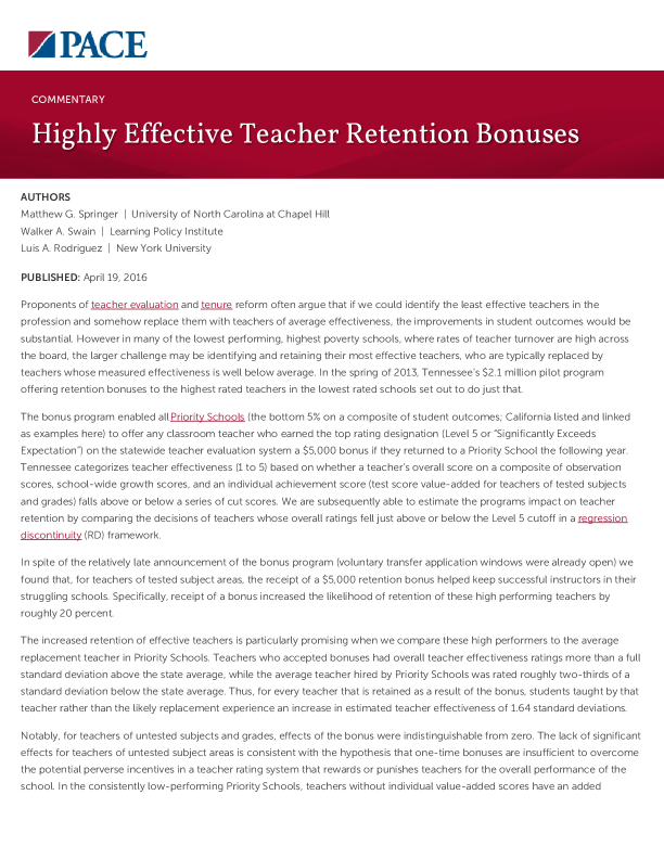 Highly Effective Teacher Retention Bonuses PDF
