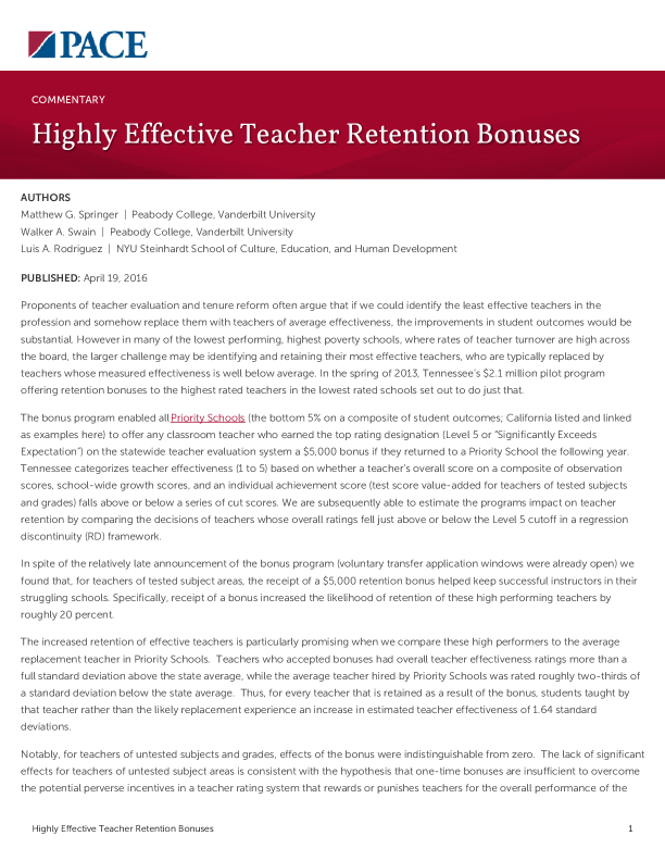 Highly Effective Teacher Retention Bonuses PDF