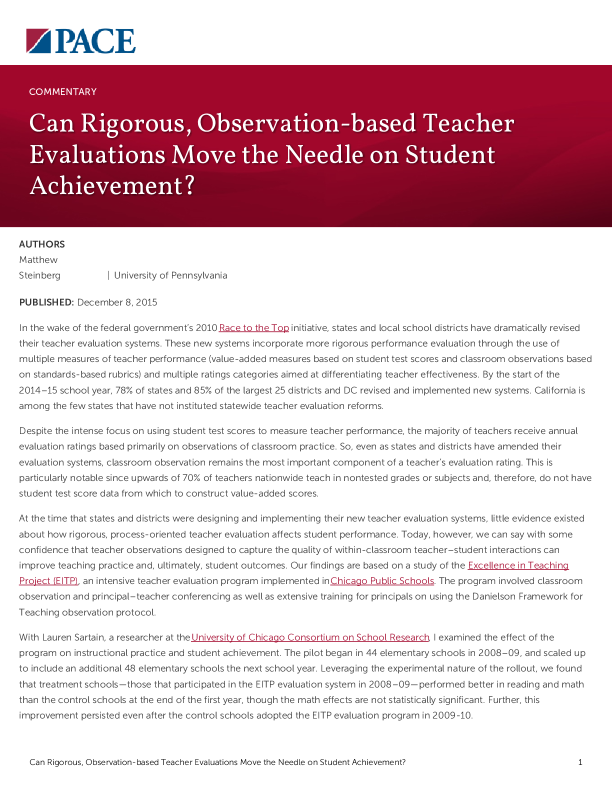 Can Rigorous, Observation-based Teacher Evaluations Move the Needle on Student Achievement? PDF