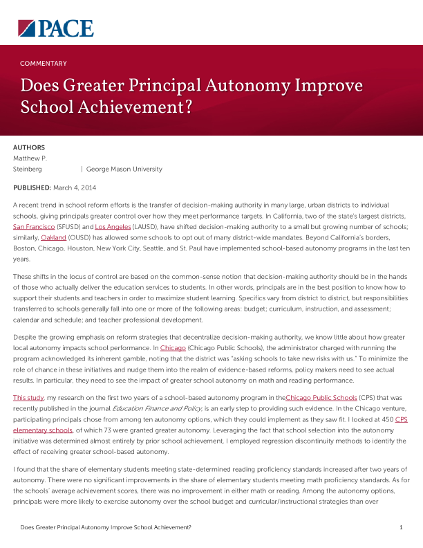 Does Greater Principal Autonomy Improve School Achievement? PDF