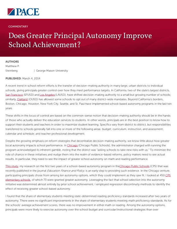 Does Greater Principal Autonomy Improve School Achievement? PDF