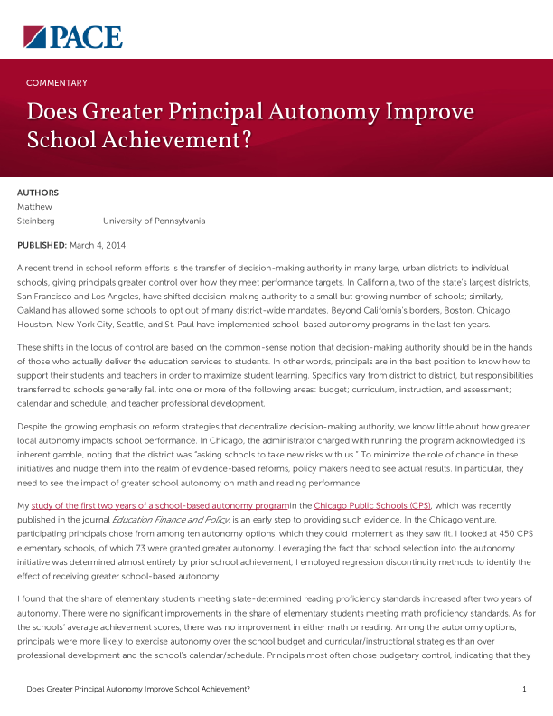 Does Greater Principal Autonomy Improve School Achievement? PDF