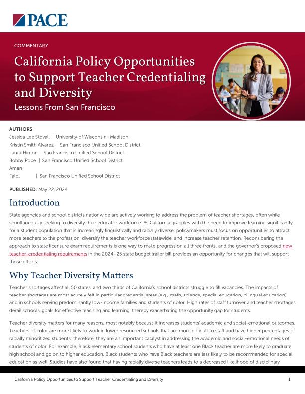 California Policy Opportunities to Support Teacher Credentialing and Diversity PDF