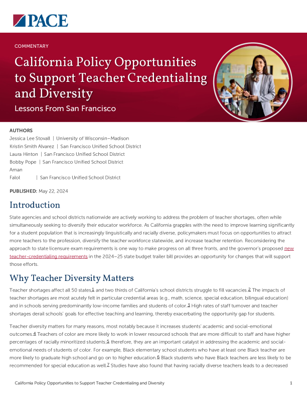 California Policy Opportunities to Support Teacher Credentialing and Diversity PDF