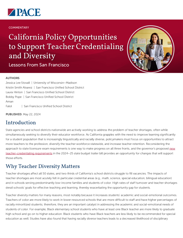 California Policy Opportunities to Support Teacher Credentialing and Diversity PDF