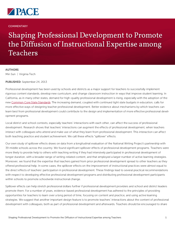 Shaping Professional Development to Promote the Diffusion of Instructional Expertise among Teachers PDF