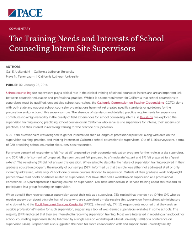 The Training Needs and Interests of School Counseling Intern Site Supervisors PDF