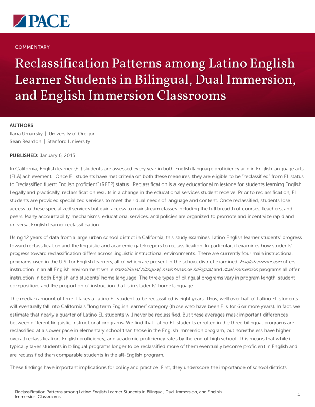 Reclassification Patterns among Latino English Learner Students in Bilingual, Dual Immersion, and English Immersion Classrooms PDF