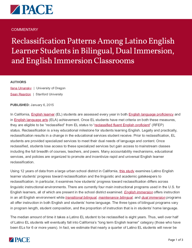 Reclassification Patterns Among Latino English Learner Students in Bilingual, Dual Immersion, and English Immersion Classrooms PDF
