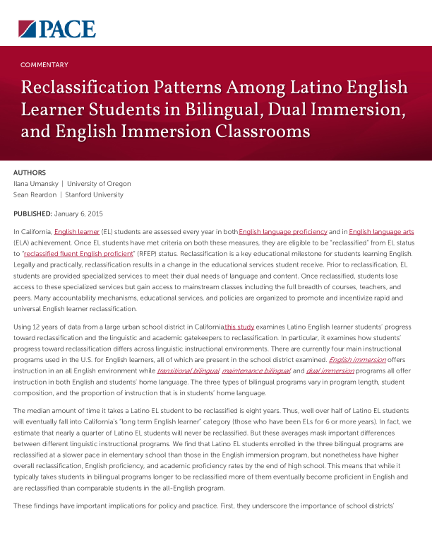 Reclassification Patterns Among Latino English Learner Students in Bilingual, Dual Immersion, and English Immersion Classrooms PDF