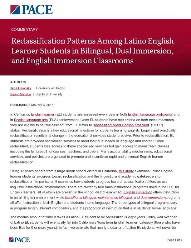 Reclassification Patterns Among Latino English Learner Students in Bilingual, Dual Immersion, and English Immersion Classrooms PDF