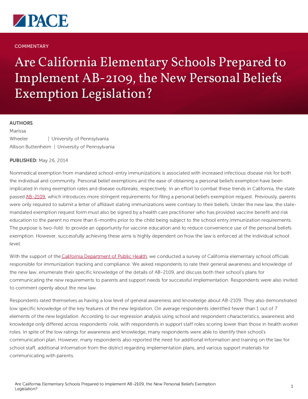 Are California Elementary Schools Prepared to Implement AB-2109, the New Personal Beliefs Exemption Legislation? PDF