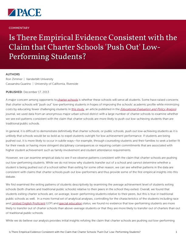 Is There Empirical Evidence Consistent with the Claim that Charter Schools 'Push Out' Low-Performing Students? PDF