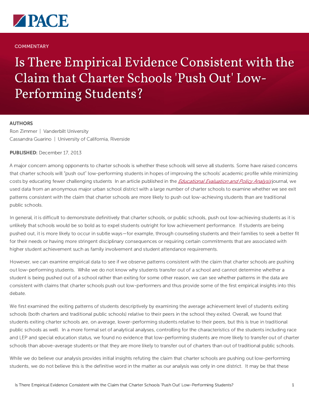 Is There Empirical Evidence Consistent with the Claim that Charter Schools 'Push Out' Low-Performing Students? PDF