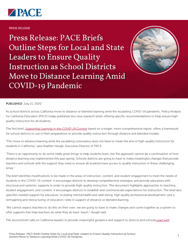 Press Release: PACE Briefs Outline Steps for Local and State Leaders to Ensure Quality Instruction as School Districts Move to Distance Learning Amid COVID-19 Pandemic PDF