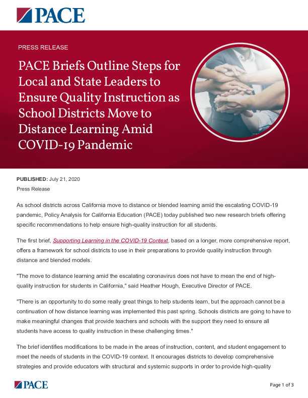 PACE Briefs Outline Steps for Local and State Leaders to Ensure Quality Instruction as School Districts Move to Distance Learning Amid COVID-19 Pandemic PDF
