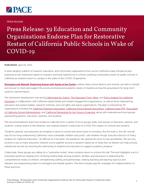 Press Release: 39 Education and Community Organizations Endorse Plan for Restorative Restart of California Public Schools in Wake of COVID-19 PDF
