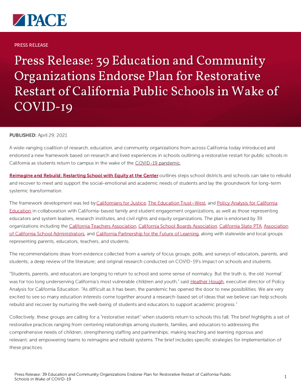 Press Release: 39 Education and Community Organizations Endorse Plan for Restorative Restart of California Public Schools in Wake of COVID-19 PDF