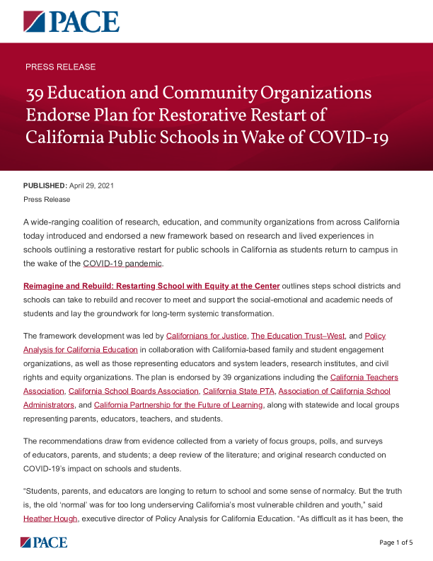 39 Education and Community Organizations Endorse Plan for Restorative Restart of California Public Schools in Wake of COVID-19 PDF