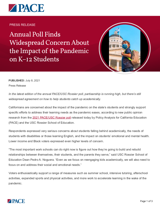 Annual Poll Finds Widespread Concern About the Impact of the Pandemic on K–12 Students PDF