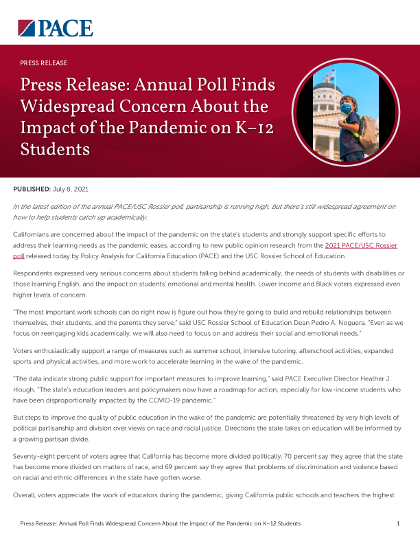 Press Release: Annual Poll Finds Widespread Concern About the Impact of the Pandemic on K–12 Students PDF