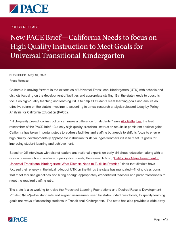 New PACE Brief—California Needs to focus on High Quality Instruction to Meet Goals for Universal Transitional Kindergarten PDF