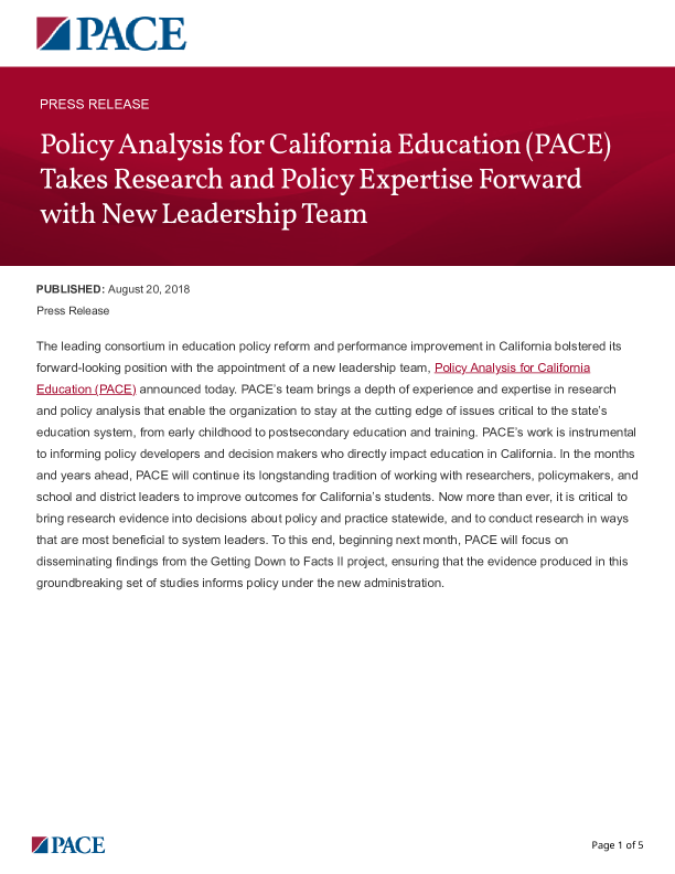 Policy Analysis for California Education (PACE) Takes Research and Policy Expertise Forward with New Leadership Team  PDF