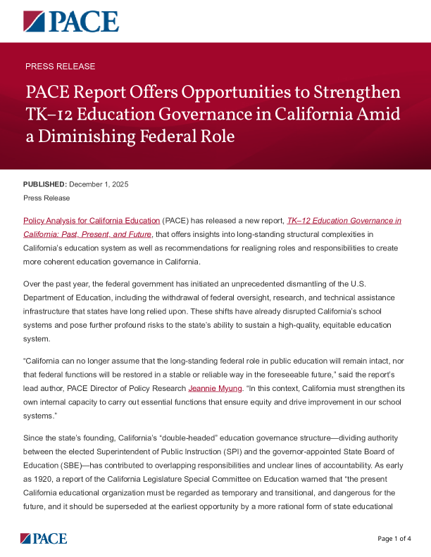 PACE Report Offers Opportunities to Strengthen TK–12 Education Governance in California Amid a Diminishing Federal Role PDF