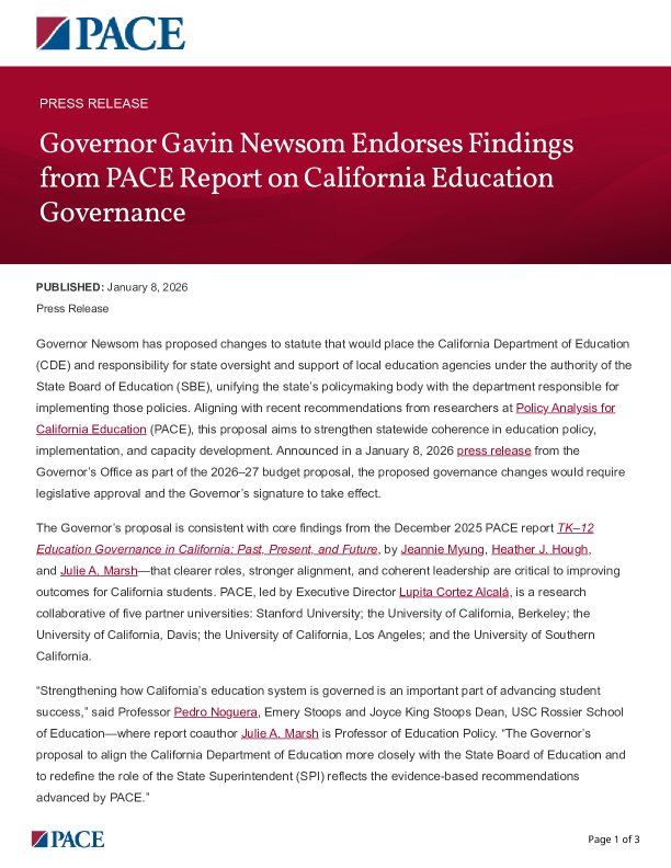Governor Gavin Newsom Endorses Findings from PACE Report on California Education Governance PDF