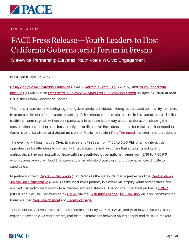 PACE Press Release—Youth Leaders to Host California Gubernatorial Forum in Fresno PDF