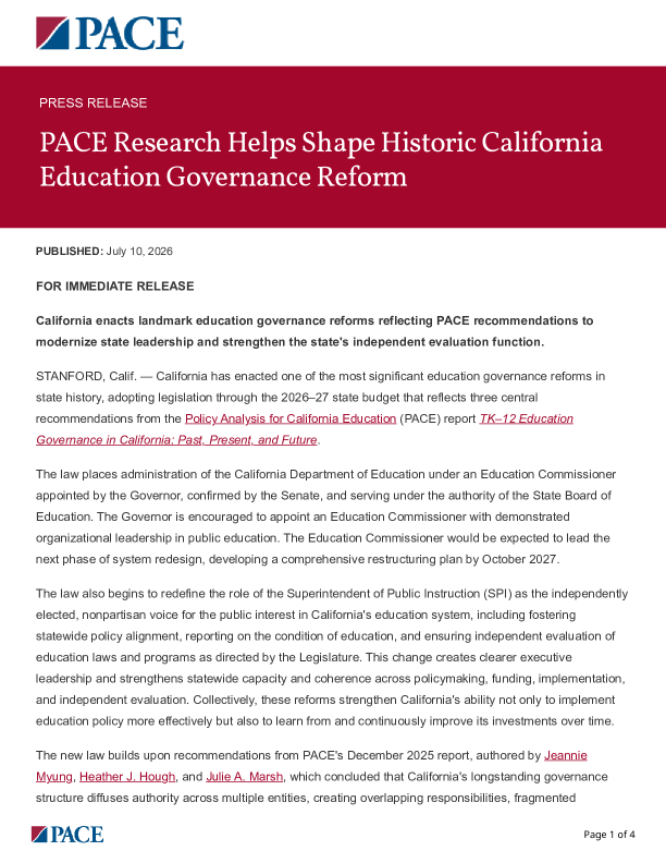 PACE Research Helps Shape Historic California Education Governance Reform PDF